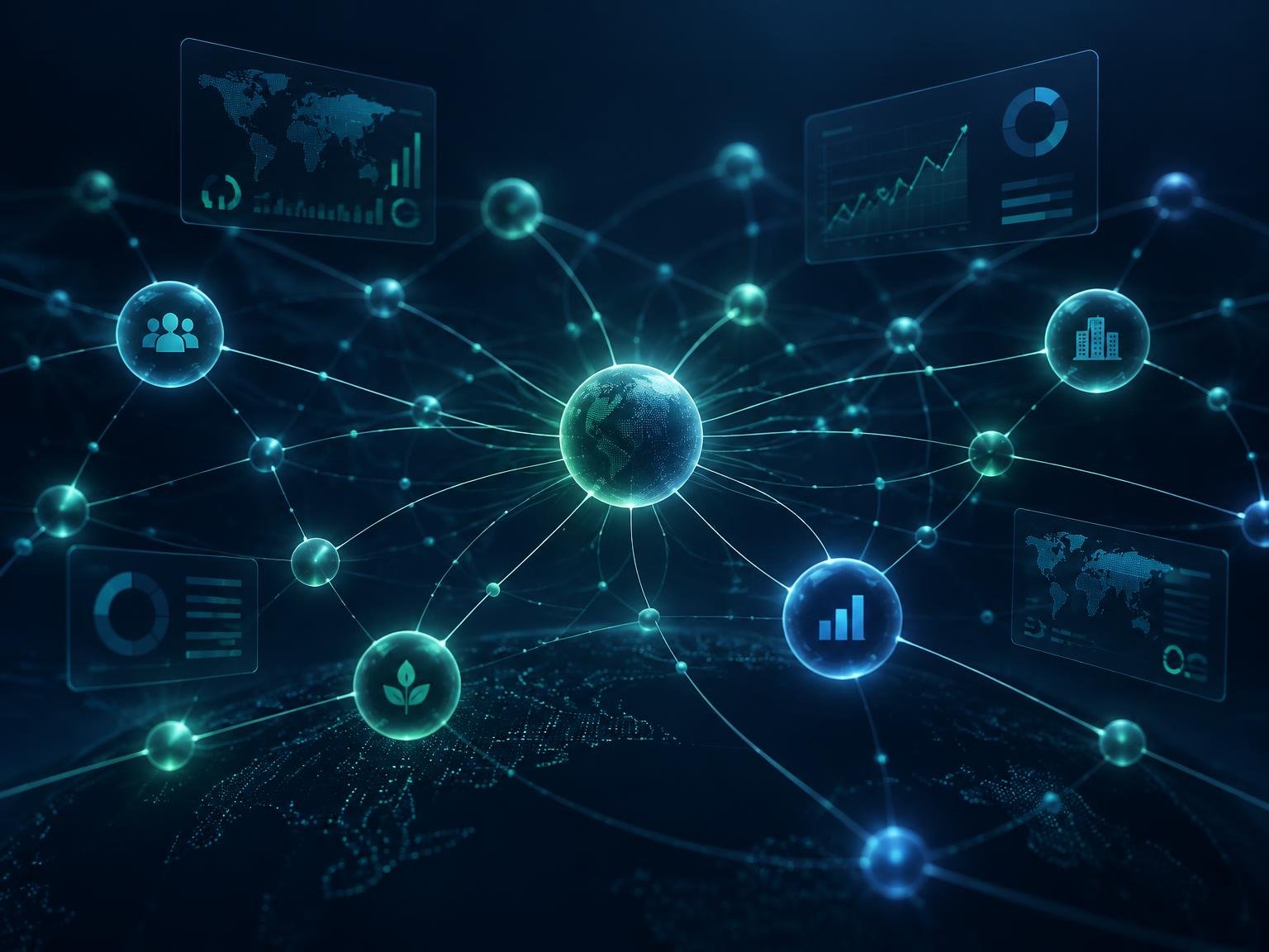 Abstract visualisation of connected business systems, AI and analytics